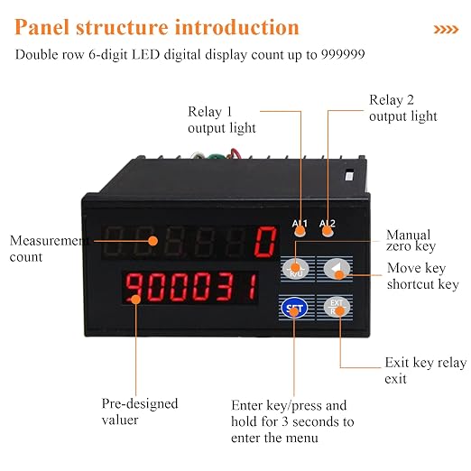 JIAWANSHUN Digital Length Meter Counter with Measure Wheel, Feet/Inch/Meter Selectable Units, 6-Digit Display 0-999999, AC 100-240V Input DC 12V Output