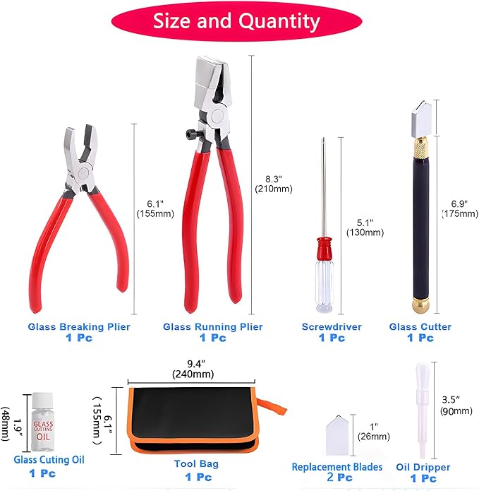 Glass Cutting Tool Set Kit, Glass Nipper,Glass Running Plier, Breaking Plier, Oil Feed Glass Cutter Set with Leather Zipper Bag for Stained Glass, Tiles, Mosaic, Mirrors,Bottle, Fusing, Breaking