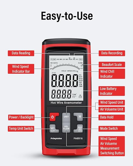PM8916 Hot Wire Anemometer Handheld with Telescopic Probe, CFM/CMM Digital Wind Speed Meter Gauge, Air Flow Velocity Tester for Measuring HVAC, Duct Airflow, Wind Speed, Wind Chill