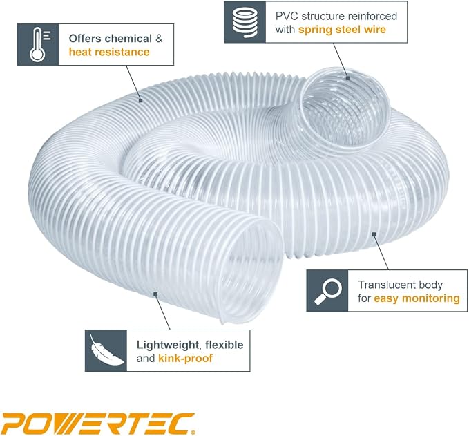 POWERTEC 2-1/2" x 20' PVC Dust Collection Hose with 2pcs Stainless Steel Key Hose Clamps for Table Saw, Band Saw, Router Table, Belt Sander, Woodworking and Wood Shop Dust Collection System (70243V)