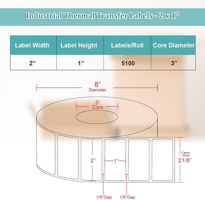 Industrial Thermal Transfer Labels, 2 x 1 Inches, 3 Inch Core, 5,100 Labels/Roll- 1 Rolls/Case, Perforated, Ribbon Required, for Thermal Transfer Printers