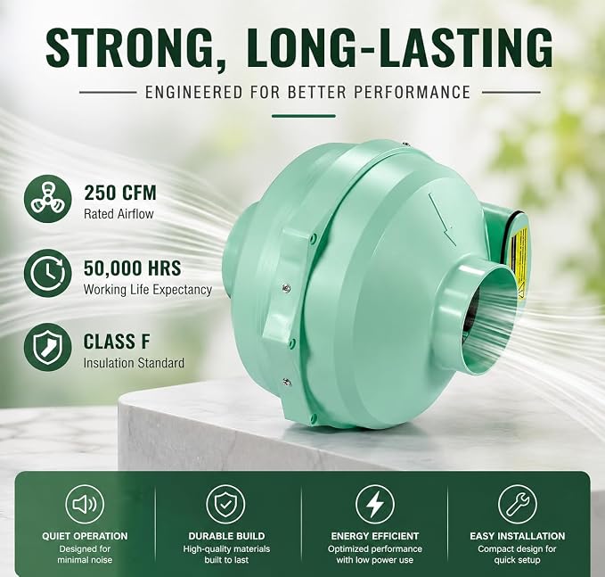 4 inch EC Radon Mitigation Fan 4" – 250 CFM Ultra-Quiet Inline Duct Fan, IP67 Waterproof, Electronically Commutated Energy-Efficient Motor – Indoor/Outdoor Radon Exhaust System