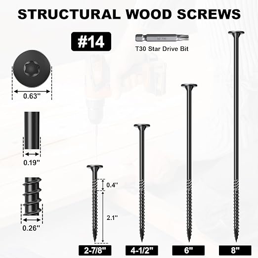FMhotu #14 Heavy-Duty Wood Screws, Star Drive Deck Screws, Rust Resistant Timber Screws for Timber/Log/Landscaping Wood (2-7/8 Inch,30Pcs,Black)