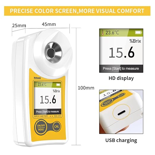 Digital Brix Refractometer Flagfront brix Meter Refractometer USB C Charging Automatic Temperature Compensation Brix Refractometer Range 0-55%，±0.1% Precision(English Keyboard)