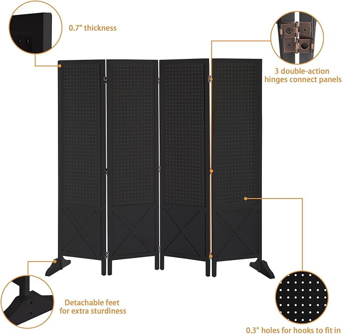 VINGLI Freestanding Pegboard with Support Feet, 5 FT Wood Room Divider Display Board Organizer, Folding Privacy Screen Partition Space Separator for Craft Shows Events Retail (Black, 4 Panel)