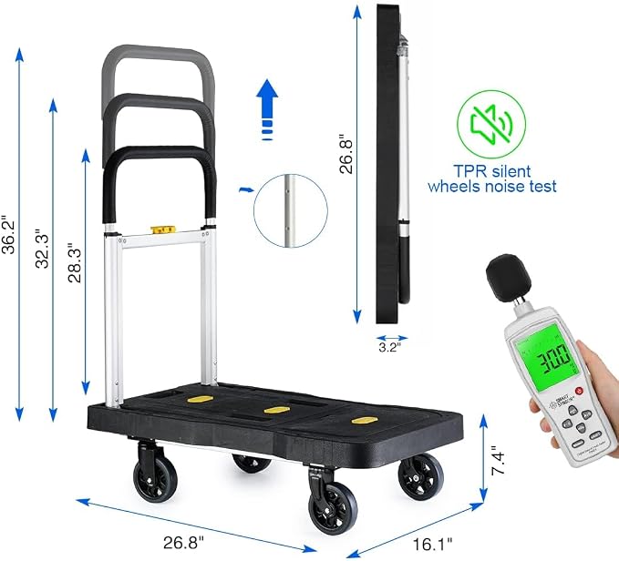 Upgrade Heavy Duty Folding Dolly Cart with Wheels, 330Lb Portable Push Cart, Adjustable Handle for Luggage, Moving, Travel, Shopping & Office Use