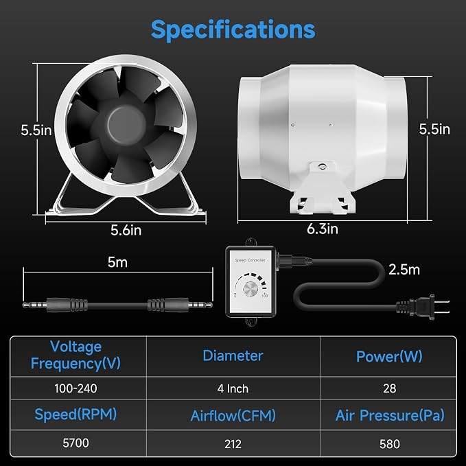 Hon&Guan PRO 4 Inch Inline Duct Fan - 212 CFM with Quiet EC Motor & Speed Controller, Ventilation Exhaust Fan for Heating Cooling, Grow Tents, Hydroponics (White&Black)