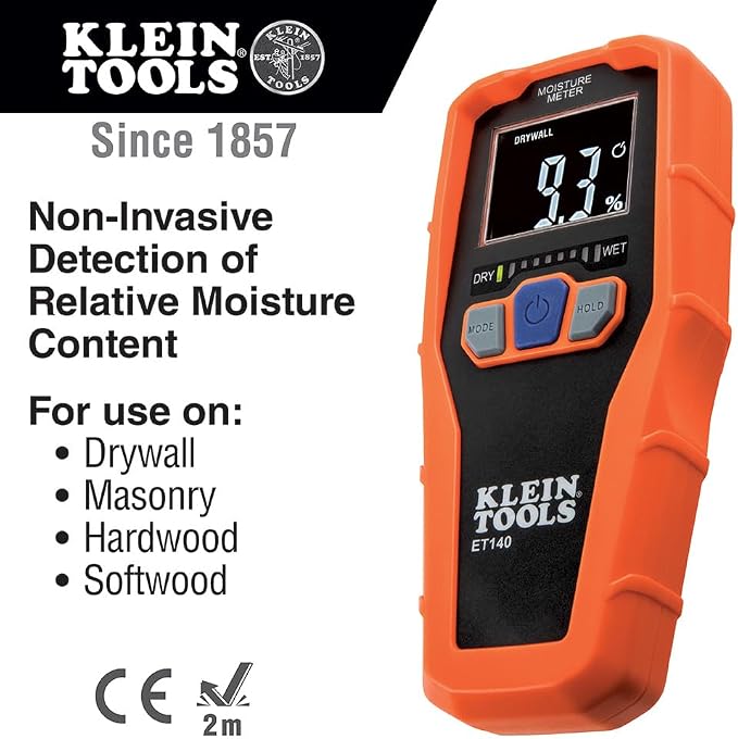 Klein Tools IR5 Dual Laser 12:1 Infrared Thermometer & ET140 Pinless Moisture Meter for Non-Destructive Moisture Detection in Drywall, Wood, and Masonry; Detects up to 3/4-Inch Below Surface