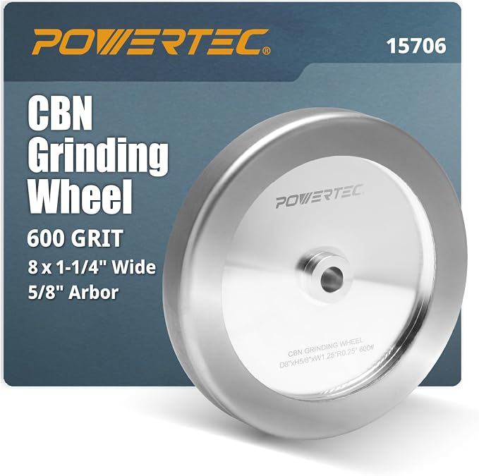 POWERTEC CBN Grinding Wheel 8 Inch 600 Grit, 1-1/4" Wide, 5/8" Arbor – 4-in-1 CBN Sharpening Wheel with 1/4" Radius Edge and Side Face for Bench Grinder (15706)