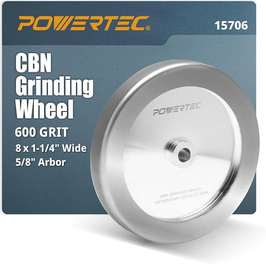 POWERTEC CBN Grinding Wheel 8 Inch 600 Grit, 1-1/4" Wide, 5/8" Arbor – 4-in-1 CBN Sharpening Wheel with 1/4" Radius Edge and Side Face for Bench Grinder (15706)