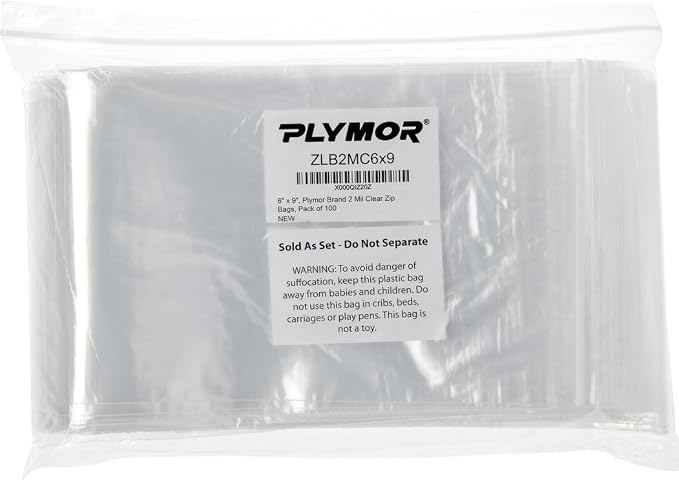 Plymor 6" x 9" (Pack of 100), 2 Mil Zipper Reclosable Plastic Bags