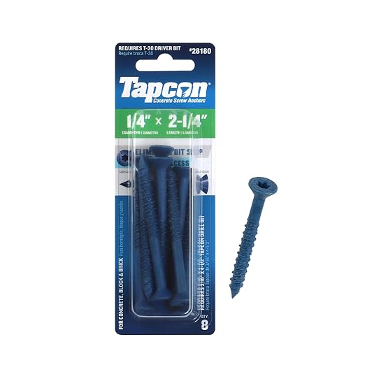 Tapcon 1/4 x 2-1/4 Inch Blue Climaseal® Star Head Concrete Anchors, 8 PCS, Corrosion Resistant Coating, Heavy-Duty Concrete and Masonry Screws, Superior Holding Strength, Drill Bit Sold Separately