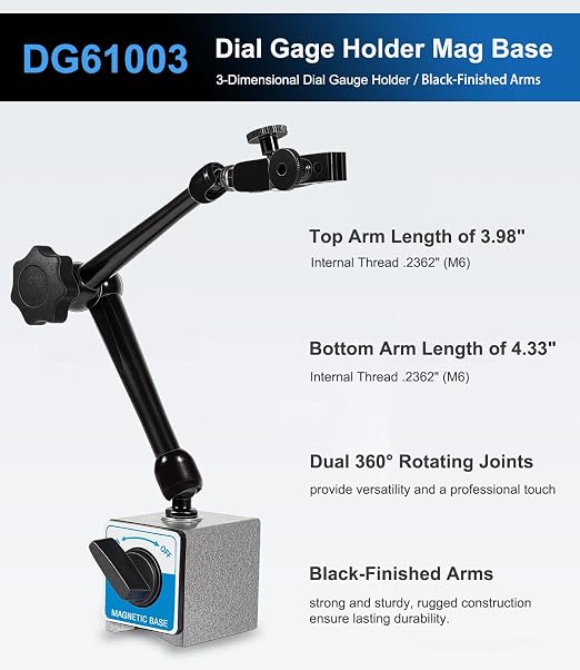 DG61003 Replacement Dial Indicator Magnetic Base Stand, Heavy Duty Magnetic Indicator Holder with Metal Fine Adjustment | Universal Holder for Dial & Test Indicators, 176 lb Magnetic Base, Articulating Arm for CNC Machining Inspection