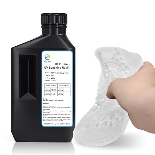 YOUSU Flexible Tough (Shore 80A) 3D Printer Resin,Soft Rubber/TPU Like 3D Printing Resin,High Elongation 405nm Fast UV-Curing Photopolymer Resin for LCD Printer,White 1000g
