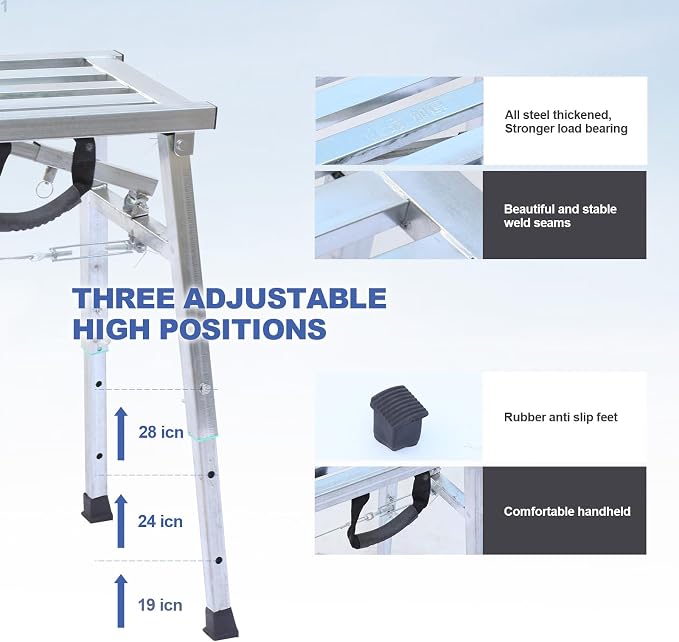 Work Platform Adjustable Height Steel Portable Scaffolding Platform 380 LBS Load Capacity 38''X12 Folding Step Ladder Drywall Painting Stool (38inch)