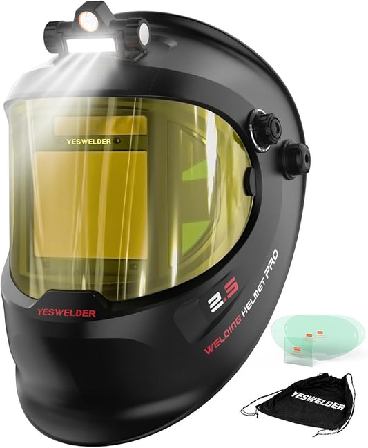YESWELDER Auto Darkening Welding Helmet with SIDE VIEW and LED, 180° Panoramic View, 1/1/1/1 True Color Solar Powered Welder Hood, Wide Shade 3/5-9/9-13 Welder Mask for TIG MIG ARC CUT and GRIND