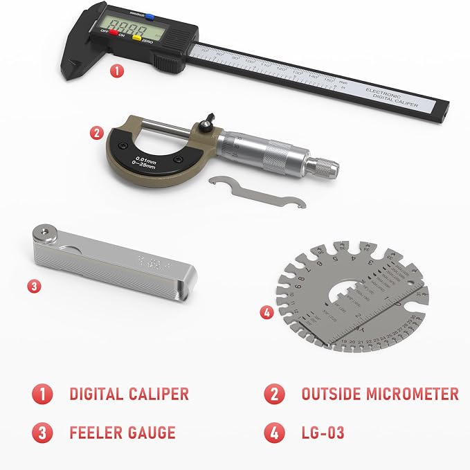 YESWELDER Welding Measurement Toolkit, 4PCS Stainless Steel Weld Inspection Tool including LG-03, Digital Caliper, Outside Micrometer and Feeler Gauge