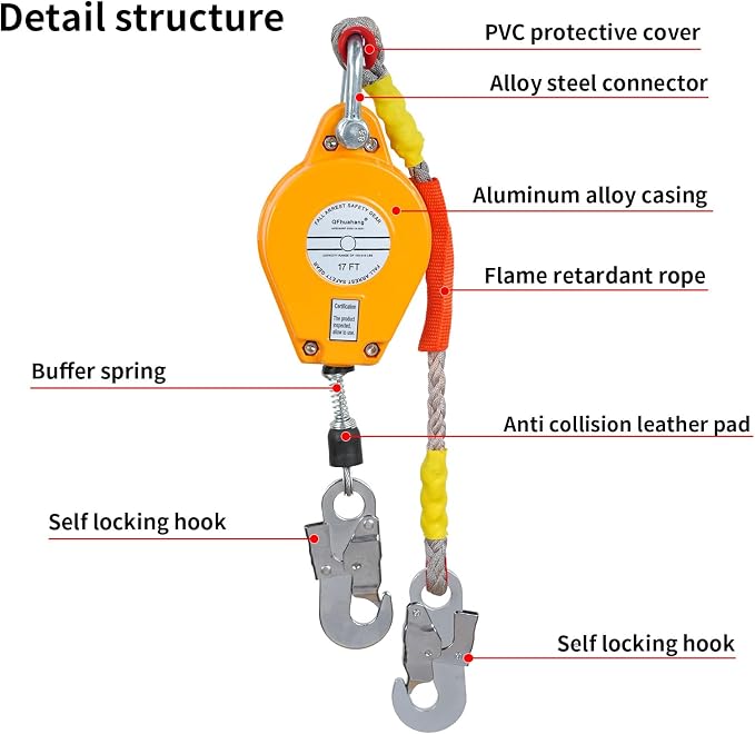 17FT Self Retracting Lifeline, Adjustable Retractable Lifeline Fall Protection Rope, Heavy Duty Retractable Lanyard, Roofing Lifelines, Industrial Fall Arrest Retractor