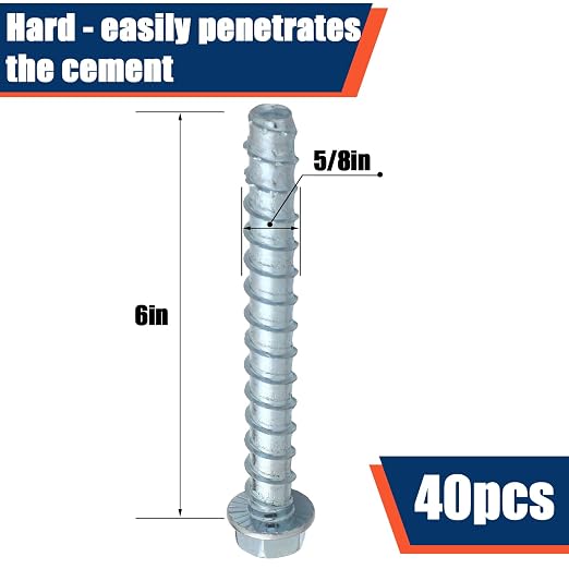 Tandefio 40 Pack 5/8" x 6" Concrete Screw Anchors Galvanized Large Diameter Heavy Duty Plated Concrete Anchors for Masonry Brick Anchoring Block Decking Framing Hex Drive