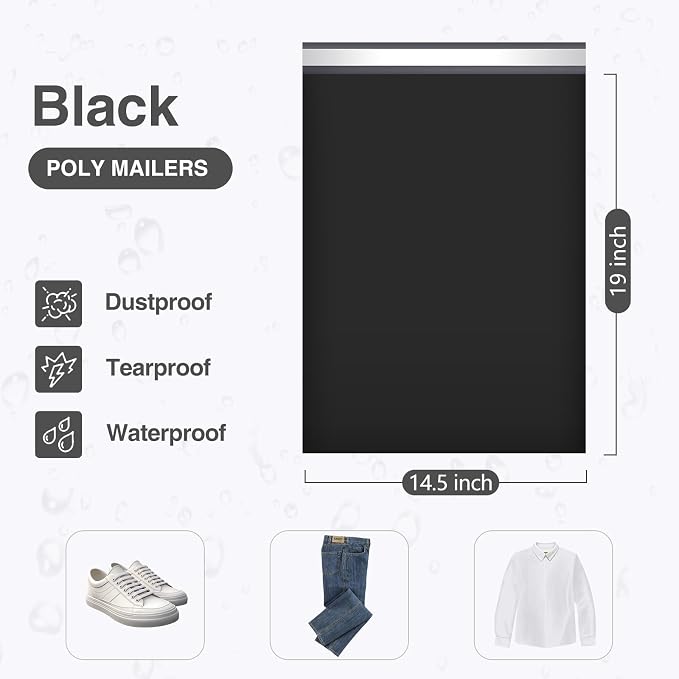 UCGOU Poly Mailers 14.5x19 Inch Black 200 Pack Large Shipping Bags #7 Strong Thick Mailing Envelopes Self Sealing Adhesive Waterproof and Tear Proof Boutique Packaging Postal for Clothing