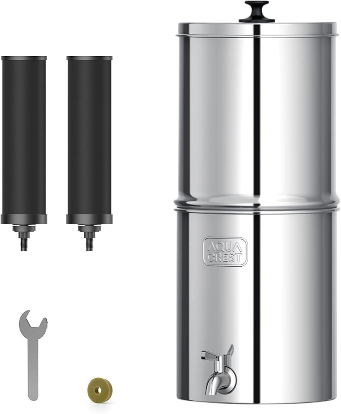 AQUA CREST TN-A Gravity Water Filter System, NSF/ANSI 42&372 Certified Black Carbon Filters, Reduce Lead and Chlorine, Stainless Steel Water System for Home, Camping, Emergencies, 2.25G