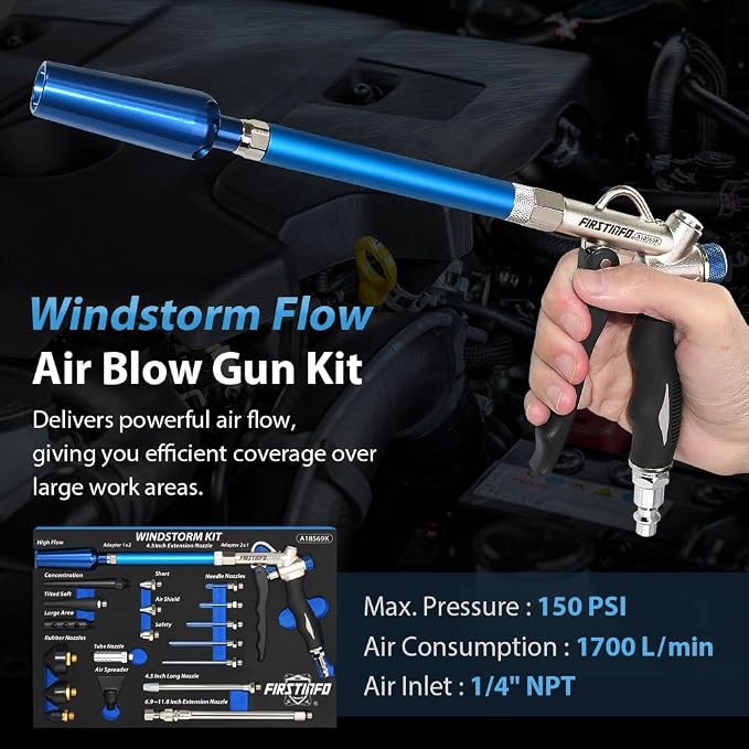 FIRSTINFO A18569KUS Windstorm (2X Flow) Air Blow Gun with Nozzles and Rubber Tips Kit, 22-Piece