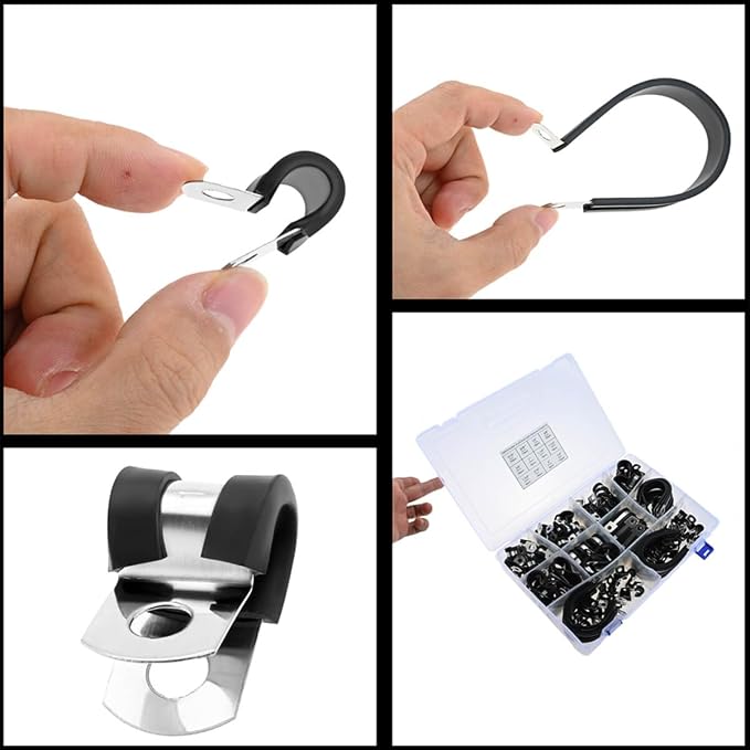 dophee 125Pcs Cable Clamps Assortment Kit 12 Sizes 304 Stainless Steel Wire Clips Rubber Insulated Cushioned Pipe Hose Clamps 3/16" 1/4" 5/16" 3/8" 1/2" 5/8" 3/4" 1" 1-1/4" 1-1/2" 1-3/4" 2"