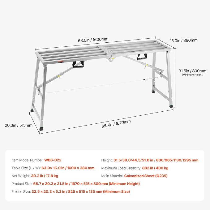 VEVOR Work Platform, 63"x 15" Portable Scaffolding Platform, Folding Steel Step Ladder Adjustable Height 31.5”-50.1”, 800 lbs Load Capacity, Non-Slip Drywall Painting Stool for Cleaning &Washing
