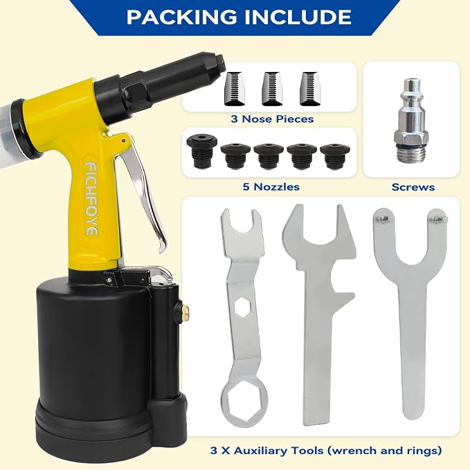 Heavy Duty Pneumatic Rivet Gun, 4000lbf Rivet Gun Set- 3/32", 1/8", 5/32", 3/16", 1/4" Air Riveter with NPT 1/4 inch for Automotive, Construction, Manufacturing Industries,Yellow