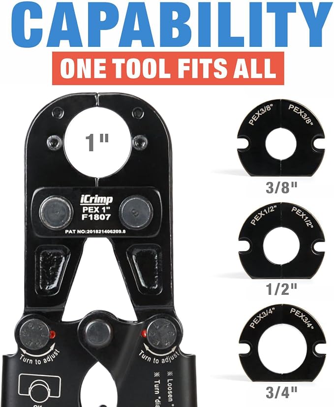 iCrimp F1807 PEX Crimper, Copper Pipe Crimping Tool Kit with 3/8'', 1/2'', 3/4'', 1'' Quick Change Jaws, PEX Tubing Cutter, Go/No-Go Gauge, Copper Ring PEX Removal Tool Included