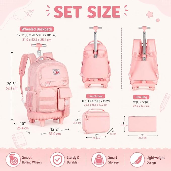 CCJPX Rolling Backpack for Girls Women, 21 inch Roller Wheels School Bookbag, Wheeled Suitcase Backpacks with Lunch Bag for Teen - Pink