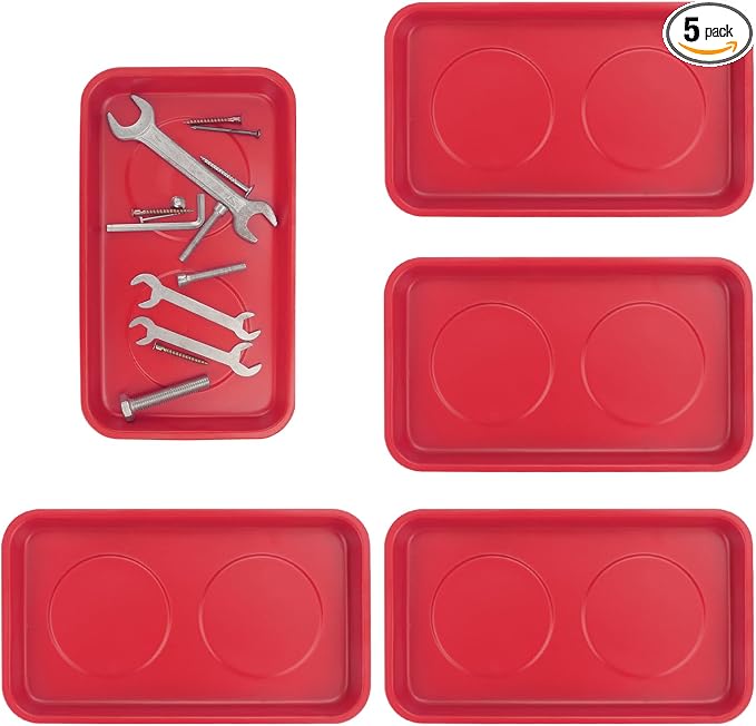 5 PCS Magnetic Trays, 9.4X5.5x1.4Inch, Magnet Tool Tray, Magnetic Parts Tray, Red, by GENHAKON