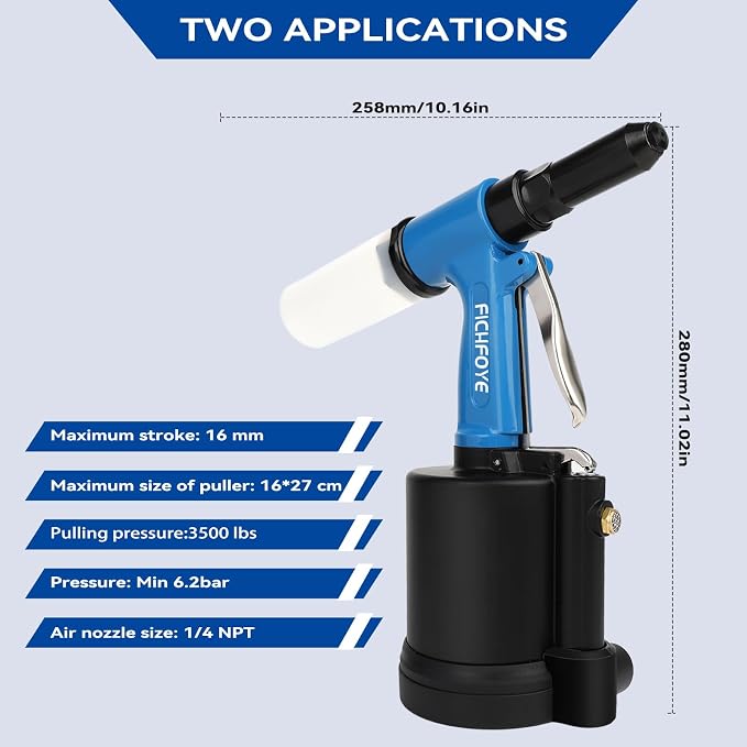 Heavy Duty Pneumatic Rivet Gun, 3500 lbf Rivet Gun Set- 3/32", 1/8", 5/32", 3/16" Air Riveter with NPT 1/4 inch for Automotive, Construction, Manufacturing Industries