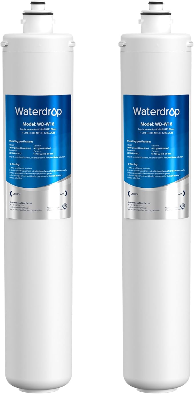 Waterdrop H-300 Under Sink Water Filter, Replacement for Pentair® Everpure H-300, H-300-NXT, 7CB5, EV9270-71, EV9270-72, EV9618-11, EV9855-50, EV9282-01, NSF/ANSI 42 Certified, 24000 Gallons, 2 Pack