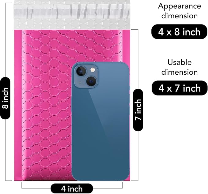 Fuxury Pink Bubble Mailers 4x8" 200 Pack Usable Size 4x7" Waterproof Padded Envelopes Self Seal Bubble Envelopes Padded Mailers for Small Business Envelope Mailers