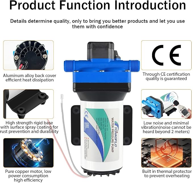 12V DC electric high-pressure self-priming diaphragm pump, Equipped with pressure switch，5.5GPM, 70Psi, for RV Marine Yacht Lawn Garden