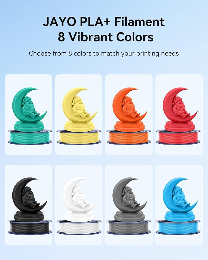 JAYO PLA+ Filament Bundle 1.75mm, PLA 3D Printer Filament Bundle Multicolor, 250g Spool, 8 Pack, 2KG in Total (Black, White, Gray, Mint Green, Lemon Yellow, Sunshine Orange, Cherry Red, Sky Blue)