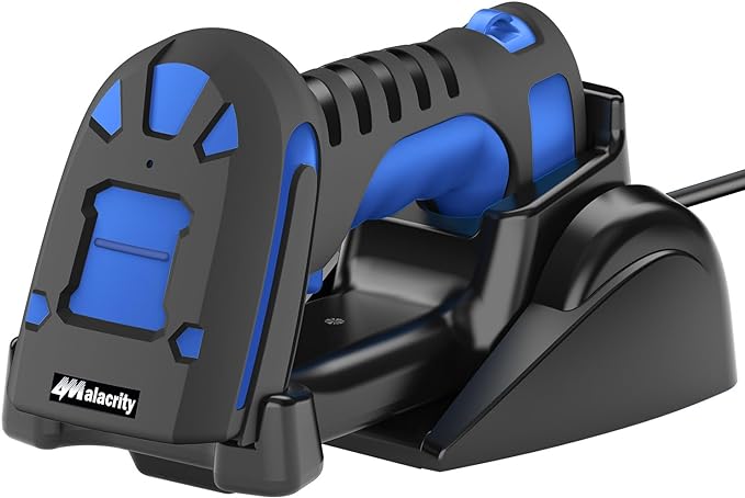 Alacrity Long Distance 1D 2D Industrial Barcode Scanner, Wireless Charging Cradle, 433Mhz Wireless & Bluetooth Barcode Reader, Shock Dust Proof Hands Free, Blue