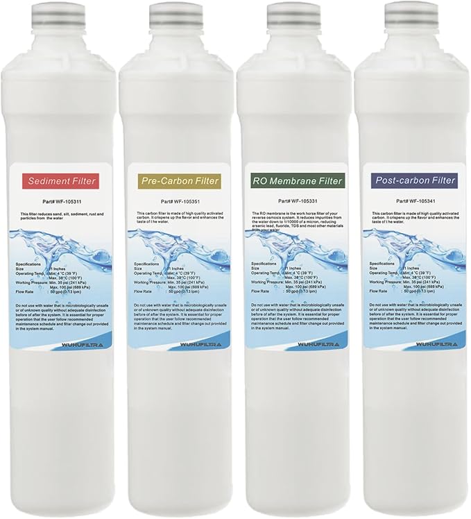 Push Botton Replacement Filter Set with RO Membrane Compatible with Watts Premier RO Pure Quick Push Replacement Filter Kit - Pack of 4