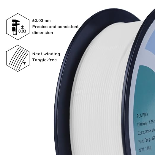 ZIRO PLA Filament 1.75mm, Pure Color 3D Printer Filament, PLA PRO Basic Color Series, 1.75MM 1KG Spool, Dimensional Accuracy +/- 0.03mm, Snow White