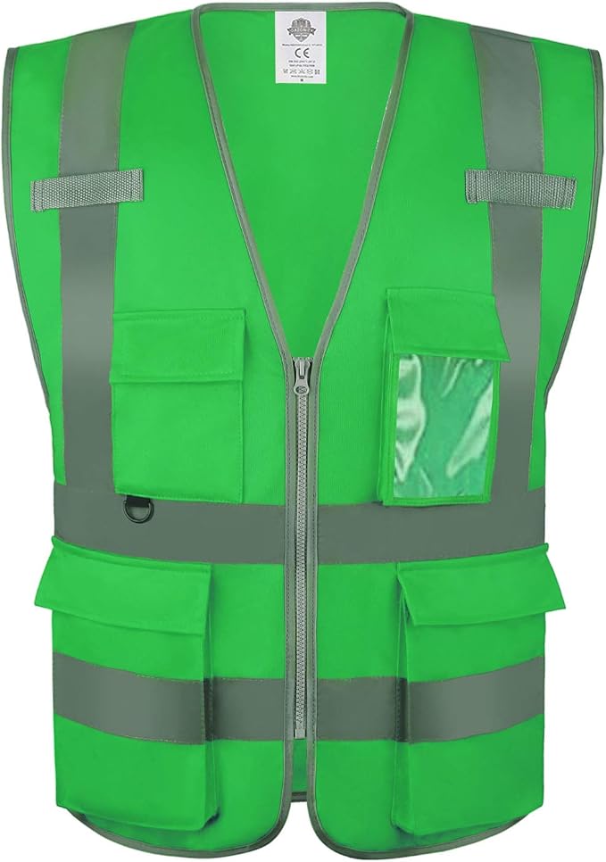 Dazonity High Visibility Safety Vest with Multi Pockets and Zipper, 2XL,Reflective Strips, Fit for Men & Women, Work, Construction,Cycling, Runnning, Surveyor, Volunteer (Greeen-2XL)