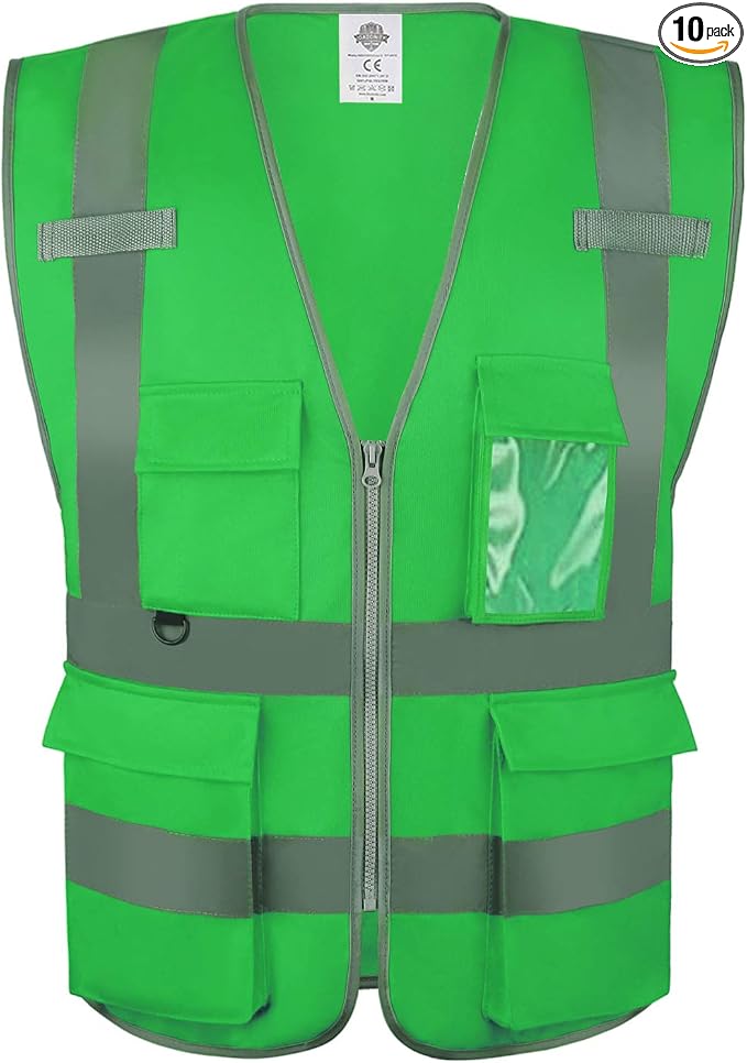 Dazonity High Visibility Safety Vest with Multi Pockets and Zipper, XL,Reflective Strips, Fit for Men & Women, Work, Construction,Cycling, Runnning, Surveyor, Volunteer (Green-XL)