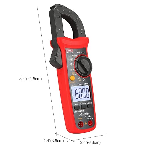 UNI-T Digital Clamp Meter UT202A+, AC Current TRMS HVAC Volt Amp Ohm Meter Clamp On Multimeter Auto Ranging 6000 Counts AC DC Voltage Frequency Resistance Capacitance Continuity Diode Live Wire Tester