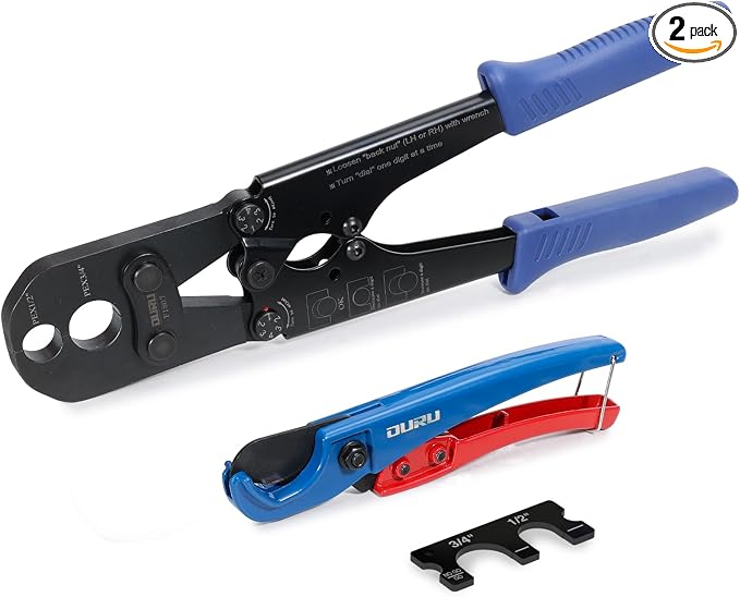 OURU PEX Crimping Tool for Copper Rings 1/2" & 3/4", Plumbing Tool Kit with Tubing Cutter and Go/No-Go Gauge, Meets ASTM F1807 Standard