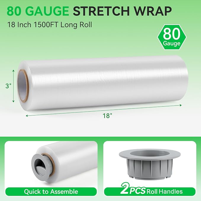 18in Stretch Wrap Roll, Heavy Duty 1500ft Shrink Wrap, 4 Pack with Handle | 80 Gauge, Industrial Strength, Clear Stretch Film, Self-Adhesive, Plastic Wrap for Pallet Wrapping Shipping Moving Furniture