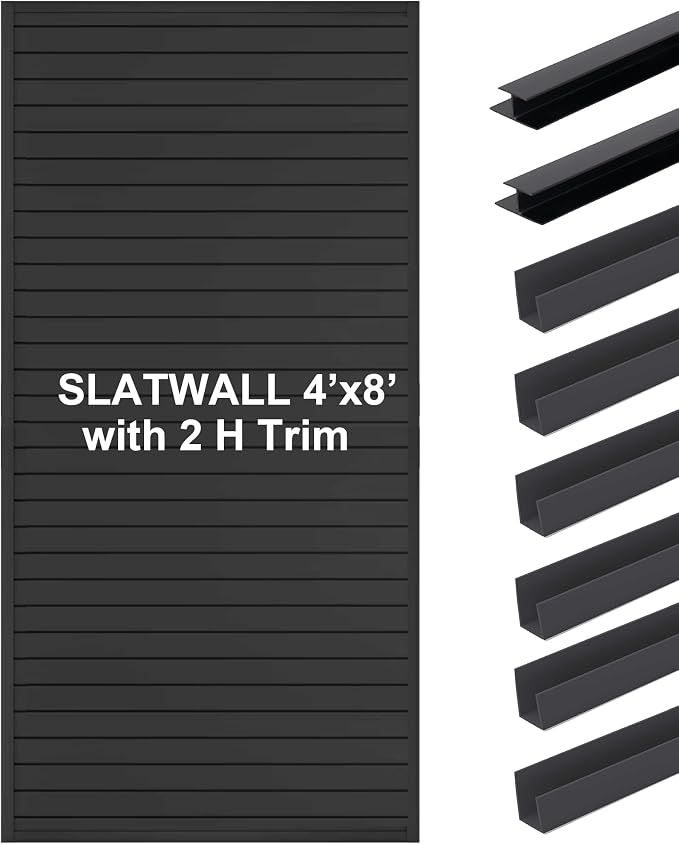 FRAYSCENT Slat Wall Paneling Garage Wall Organizer, Slatwall Panels Garage Tool Organizer Wall Mount Garage Slat Wall Storage Systems, Slat Board PVC Wall Panels (Black, 8ftx4ft with 2H Trim)