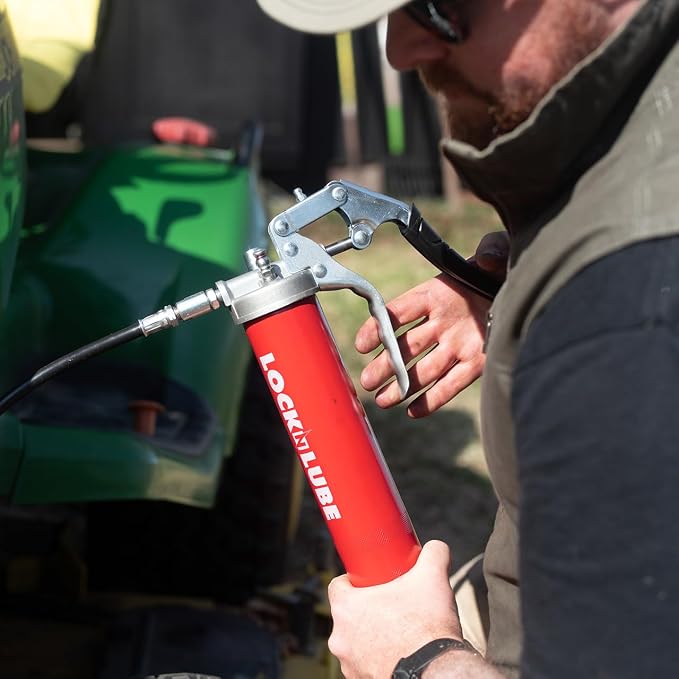 LockNLube Heavy-Duty Pistol Grip Grease Gun with our patented LockNLube® Locking Grease Coupler, 20" Hose, Inline Swivel, Rated 10,000 PSI