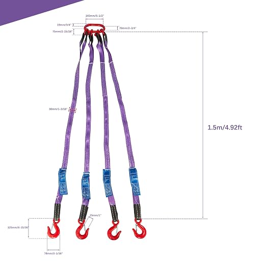 Pindex 5ft 3t Chain Sling for Lifting, 6610lbs Polyester Strap Lifting Sling Chain Hoist with G80 Alloy Steel 4 Legs Grab Hook and Adjuster, Adjustable Length and Angle for Safe Towing