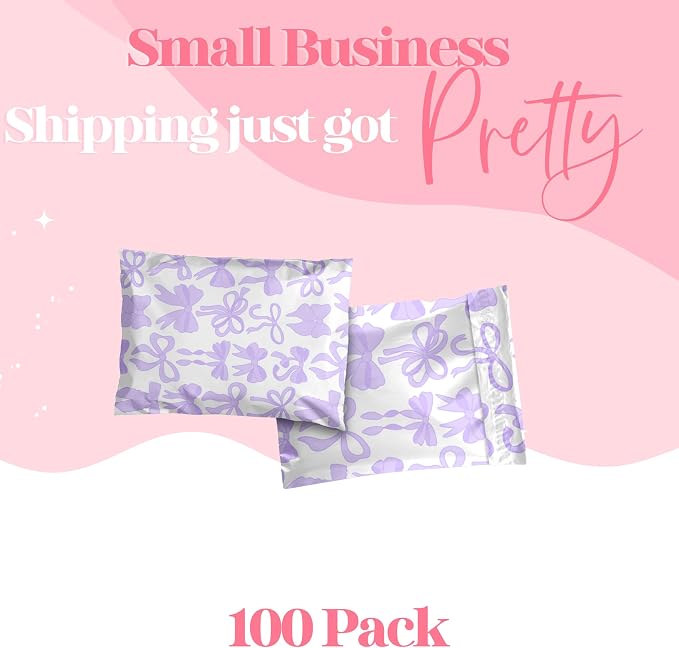 Pretty Package Store 6x9 Designer Poly Mailer 100 Pack Heavy Duty Waterproof Self Seal Shipping Bags for Small Business Large Mailing Envelopes Bulk Tear Resistant Packaging Purple Bows