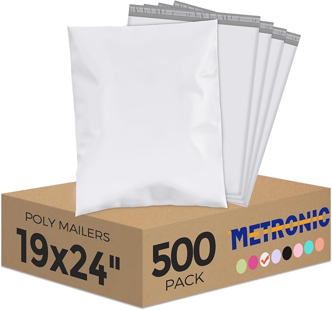 Metronic Poly Mailers 19x24 500 Pack | Large Shipping Bags for Clothing | Thick Self Seal Mailing Poly Bags for Business | Waterproof and Tear-Proof Large Shipping evvelopes in White